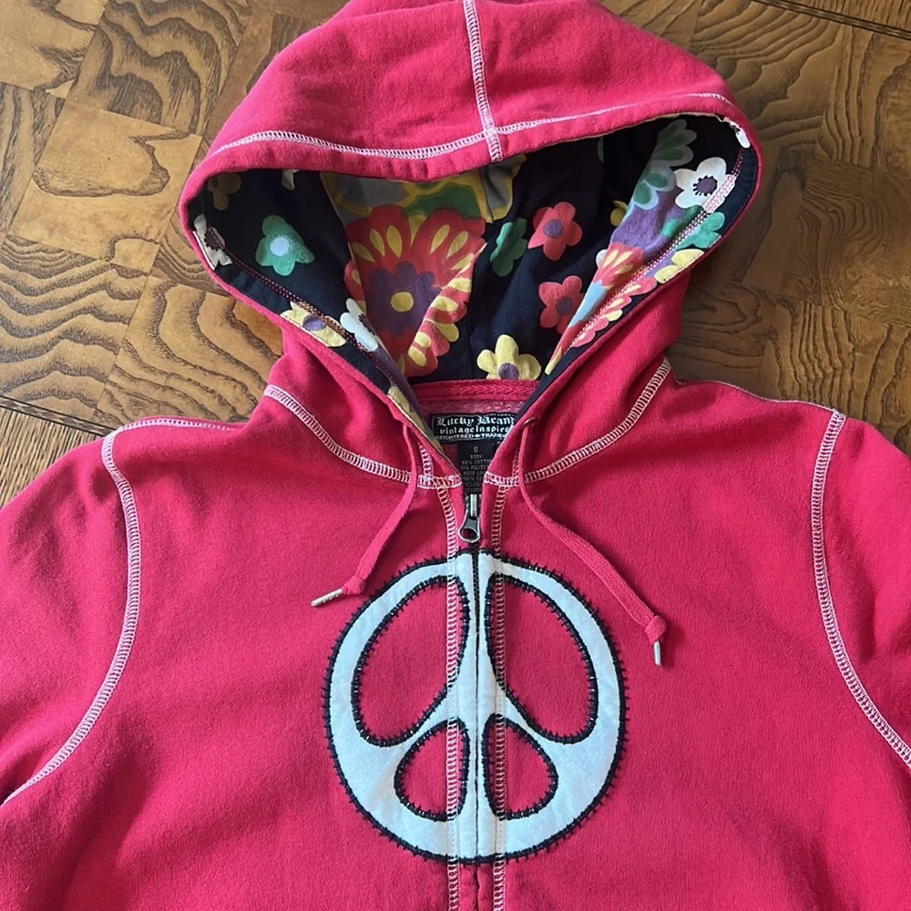 Lucky Brand Vintage Inspired Full Zip Jacket Sweatshirt Hoodie Peace Sz S Red - Picture 12 of 16